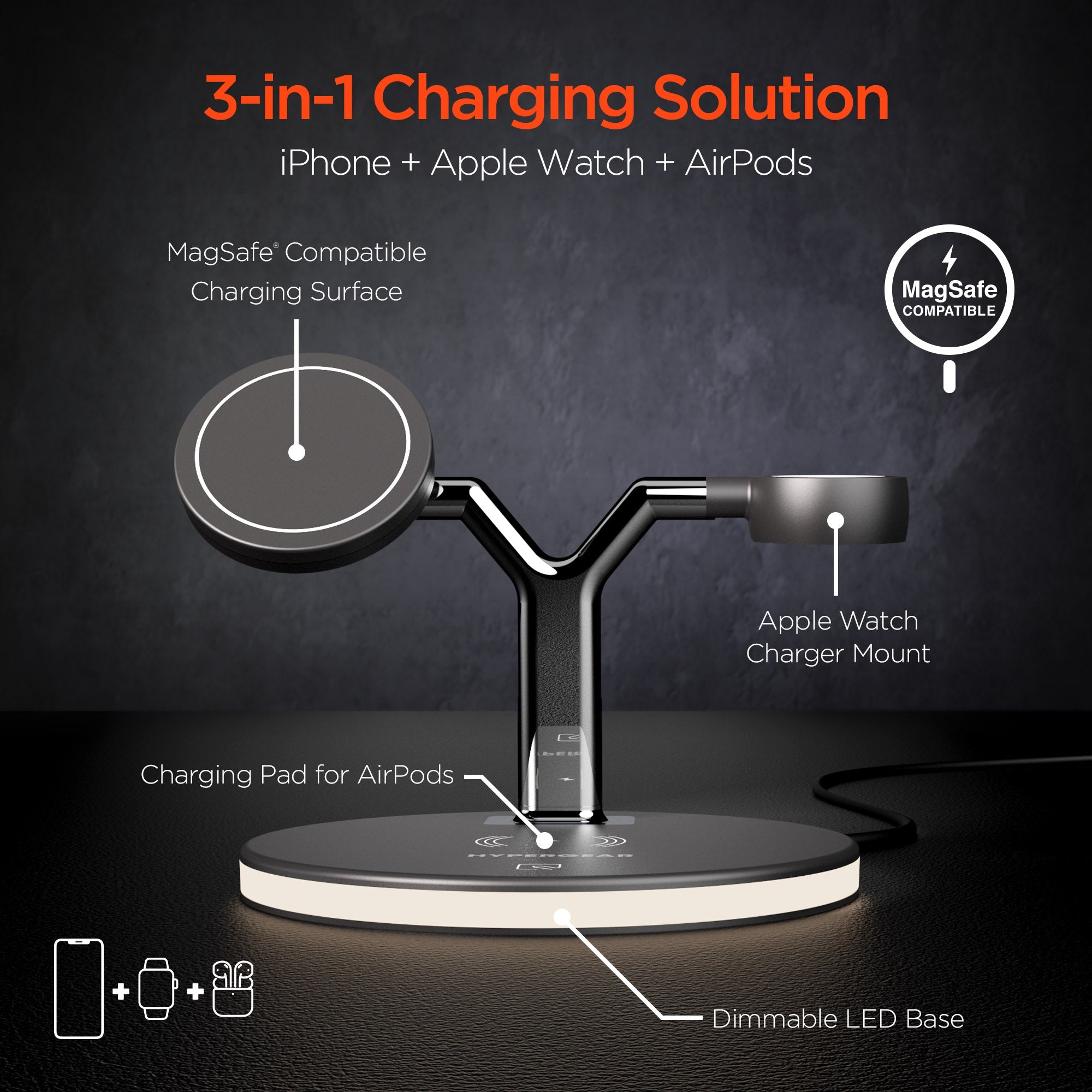 Soporte de Carga Inalámbrica MagSafe 3 en 1 HyperGear MaxCharge - Arboleda Store