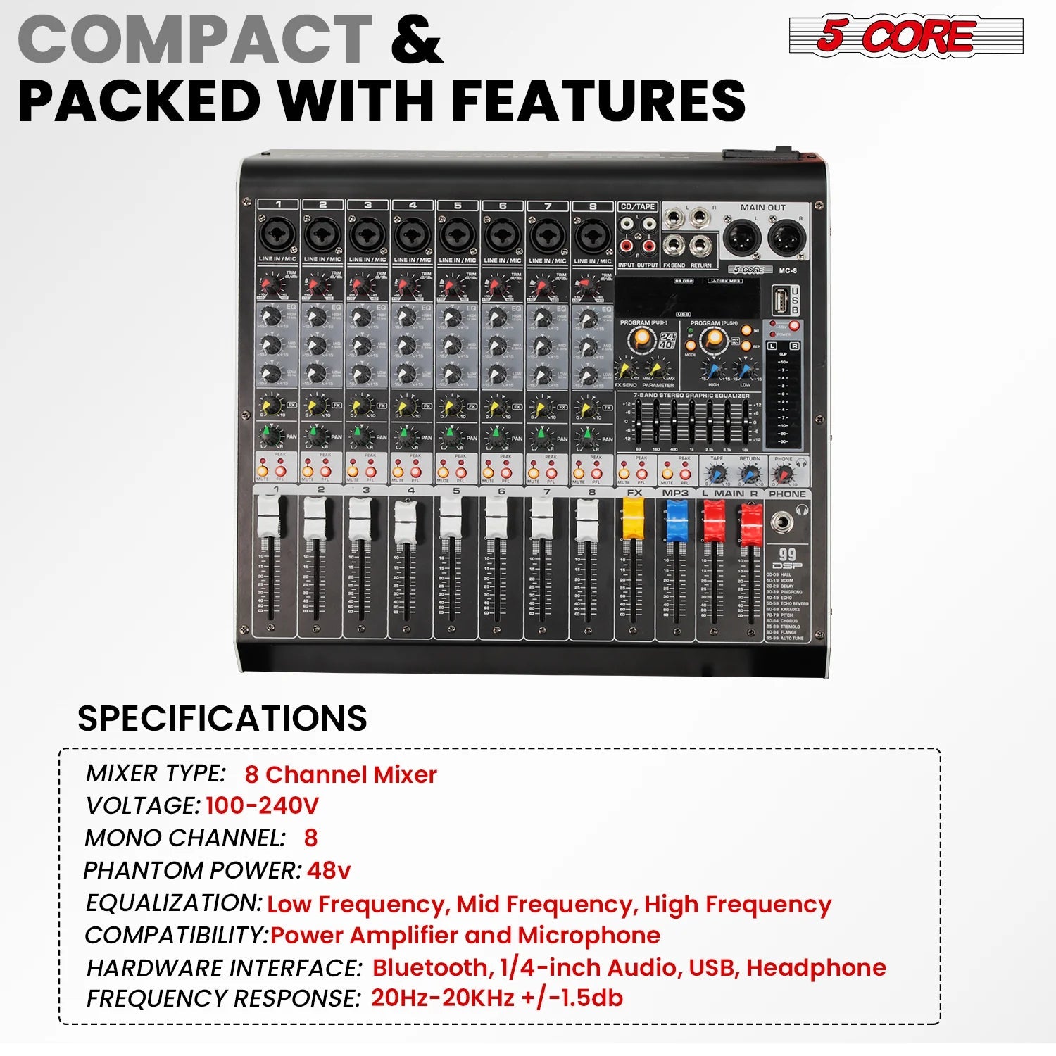 Consola de Sonido para DJ de 8 Canales con Mezcladora de Audio (Bluetooth y USB) - Arboleda Store
