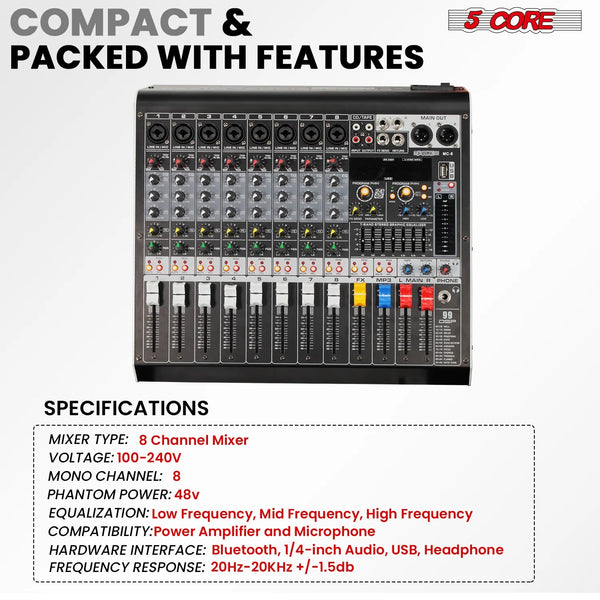 Consola de Sonido para DJ de 8 Canales con Mezcladora de Audio (Bluetooth y USB) - Arboleda Store