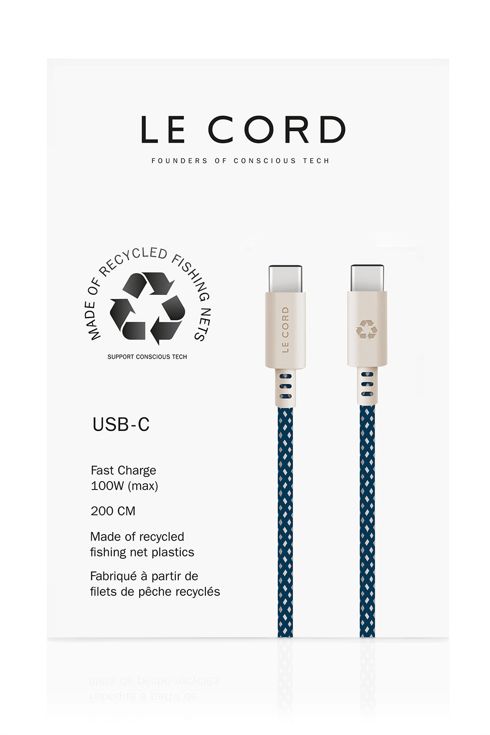 Cable USB-C de 100W (2m) - Color 'Sea Blue' - Hecho de redes de pesca recicladas - Arboleda Store