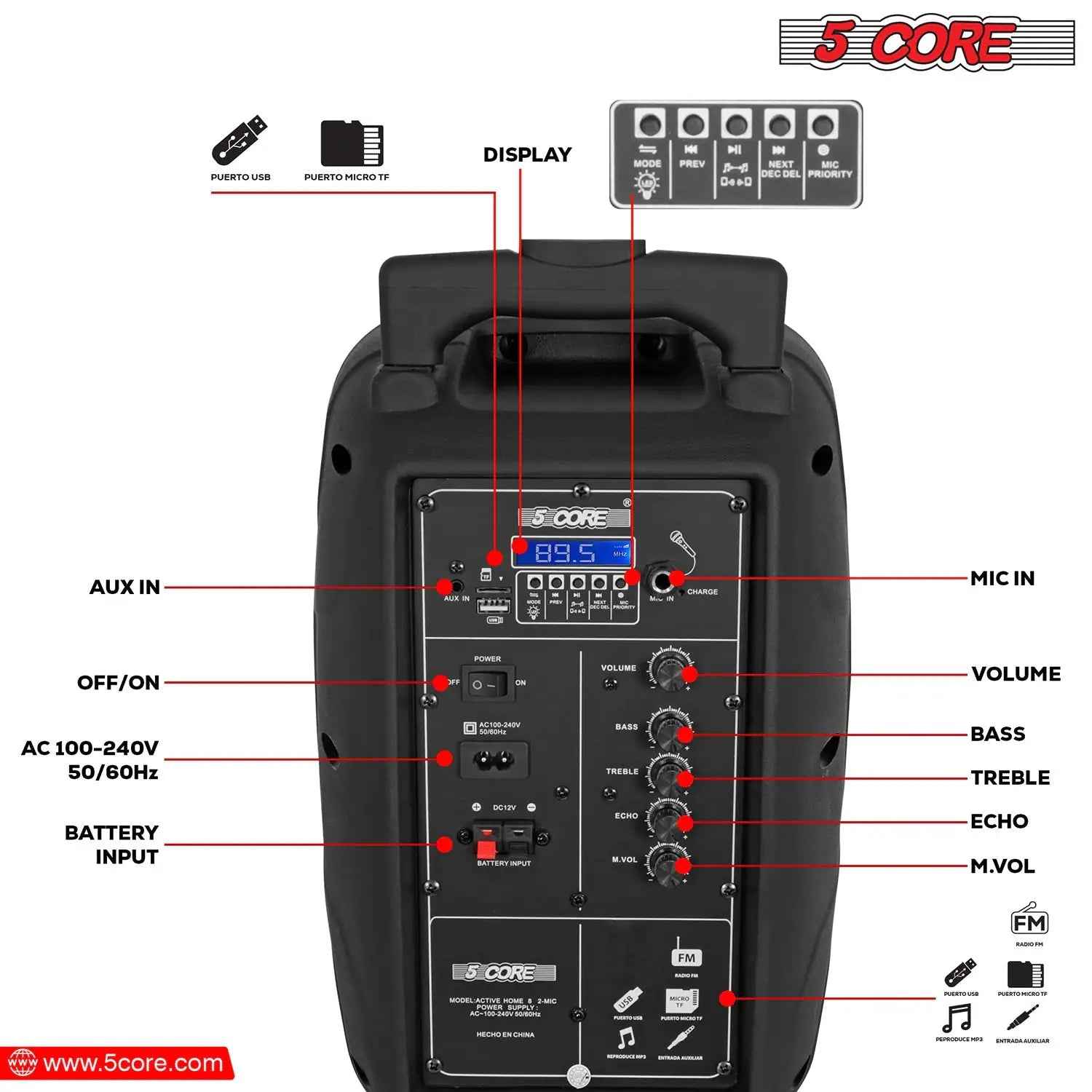 Altavoz Portátil PA Bluetooth de 8 Pulgadas 5Core para Fiestas y Karaoke Tipo Boombox + 2 Micrófonos
