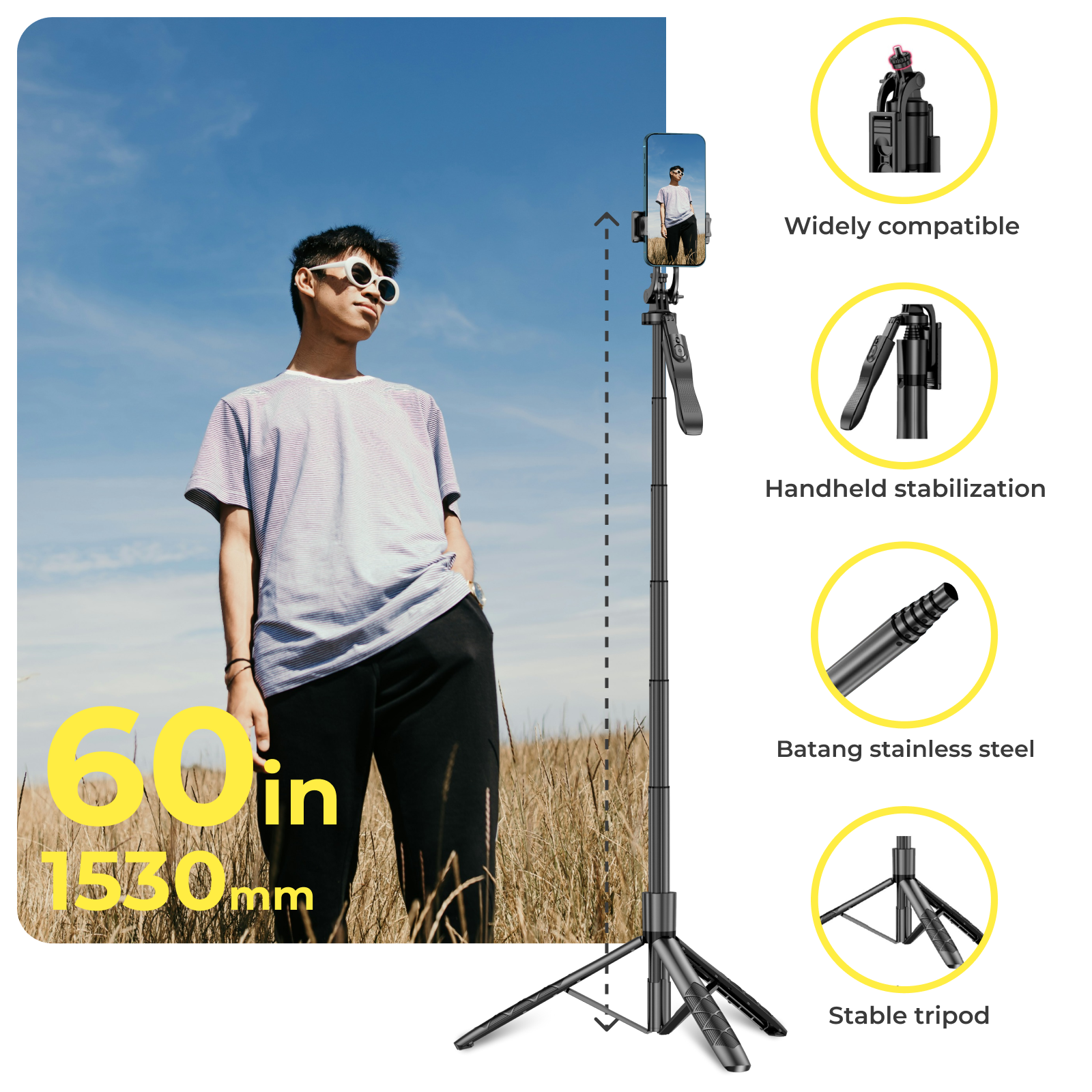 Trípode para Móvil con Palo Selfie de 62 Pulgadas y Control Remoto - Arboleda Store